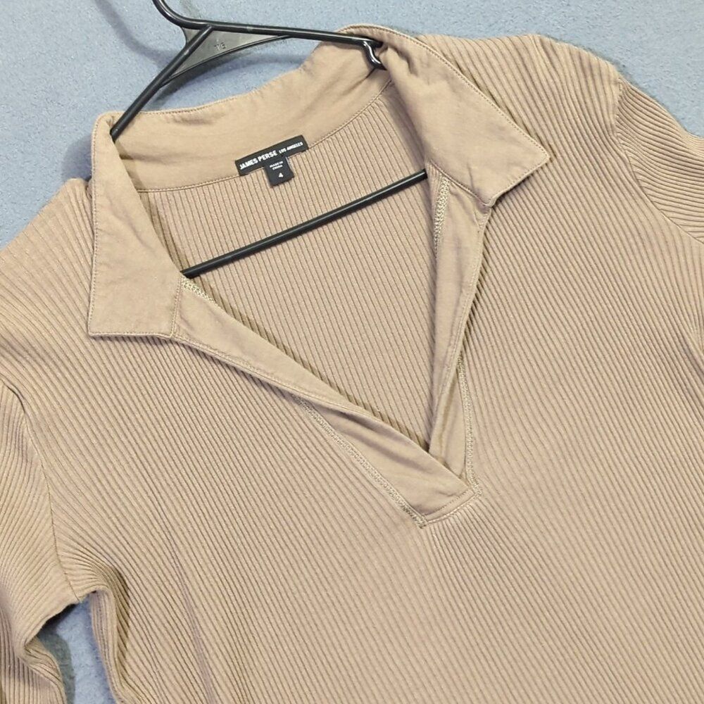 James Perse Top Women's 4 (XL) Sable Brown Ribbed Polo Top Cotton Long Sleeve